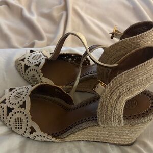 Tory Burch Cream Laser-Cut Espadrille Wedge Sandals